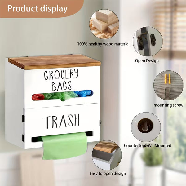 2-in-1 Wooden Garbage Bag Dispenser & Organizer – Wall-Mounted or Cabinet-Hanging Trash Bag Storage for Kitchen & Bathroom