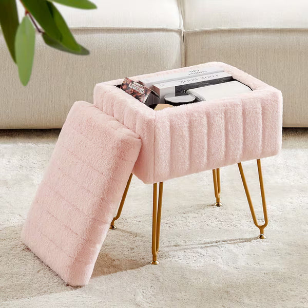 Faux Fur Vanity Chair with Storage – Soft Furry Accent Stool with 4 Metal Legs & Non-Slip Feet