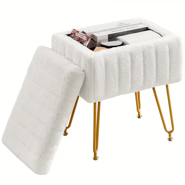 Faux Fur Vanity Chair with Storage – Soft Furry Accent Stool with 4 Metal Legs & Non-Slip Feet