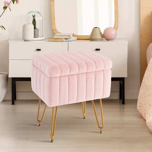 Faux Fur Vanity Chair with Storage – Soft Furry Accent Stool with 4 Metal Legs & Non-Slip Feet