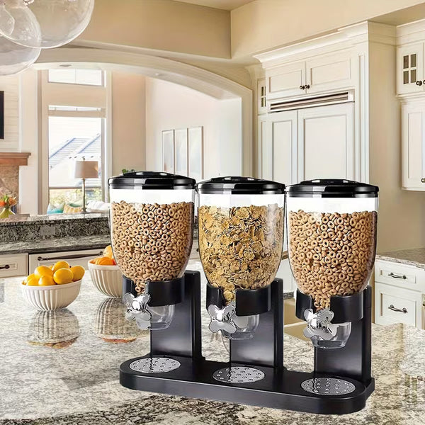 3-Compartment Cereal Dispenser – Countertop Grain, Rice, Snack & Candy Storage Organizer