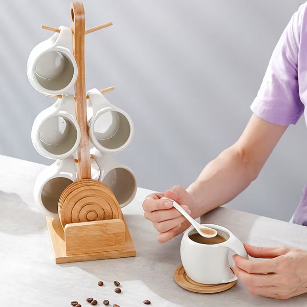 6-Piece Ceramic Coffee Cup Set with Wooden Coasters & Stand – 200ML Espresso, Latte & Cappuccino Mugs