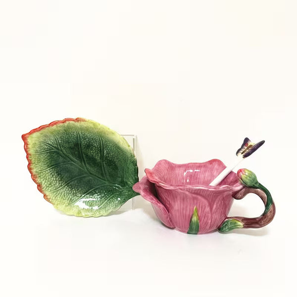 Hand-Painted 3D Tulip Ceramic Tea Cup & Saucer Set – 5 oz Floral Coffee Cup with Leaf Saucer & Spoon