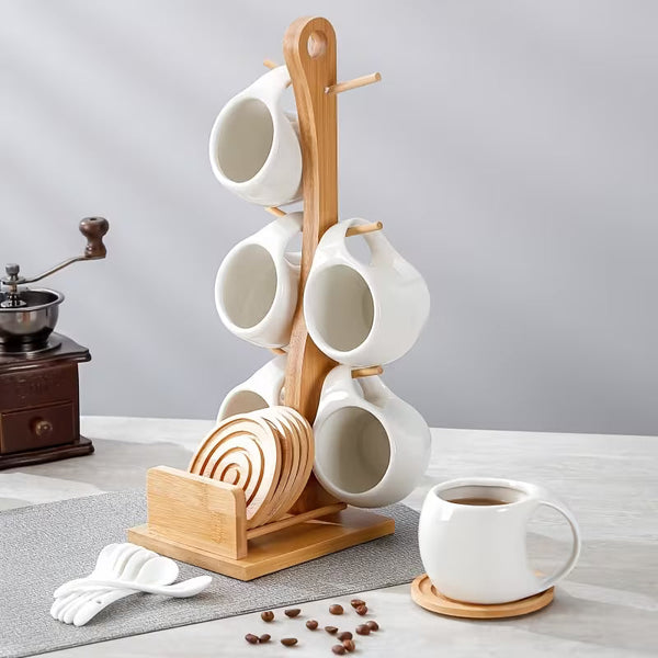 6-Piece Ceramic Coffee Cup Set with Wooden Coasters & Stand – 200ML Espresso, Latte & Cappuccino Mugs