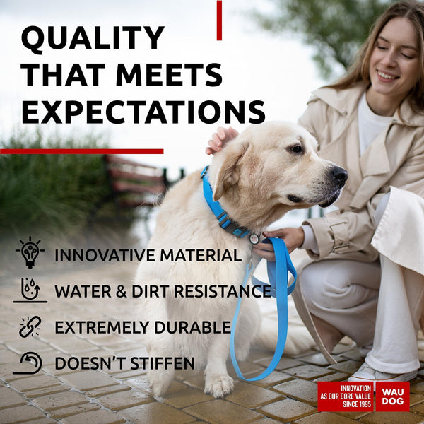 Waterproof Dog Collar Adjustable 14–23 in Neck x 1 in Wide Buckle & QR Tag Blue