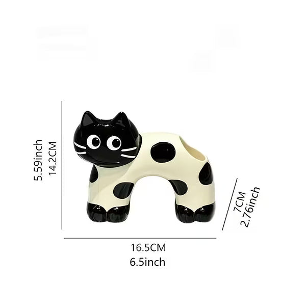 Cute Spotted Cat Ceramic Toothbrush Holder – Multipurpose Organizer for Electric Toothbrushes, Makeup Brushes & Pens