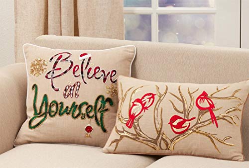 Fennco Styles Embroidered Bird and Branch Cotton Decorative Throw Pillow 14" W x 22" L - Natural Cushion for Home Décor, Couch, Living Room, Bedroom, Holiday and Special Occasion
