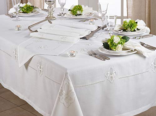 Fennco Styles Fabia Collection Elegant Embroidered Fleur de Lis Linen Table Linens – Table Linens for Dinner Party, Banquest, Special Events and Home Décor