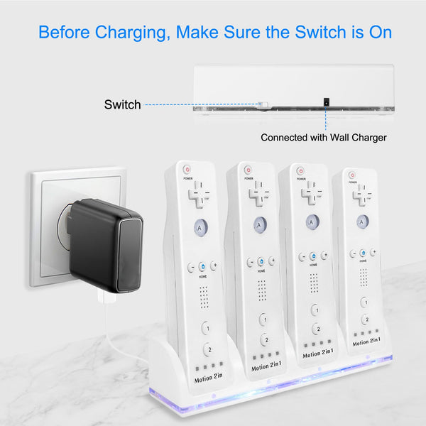 4 Remotes Charging Dock Game Controller Charger 2800mAh Rechargeable Battery Charging Stations w/ LED Indicator for Wii Nintendo