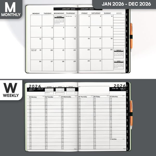 2026 Hardcover Appointment Book Planner 8.5x11 inch Black Large Tabbed Daily Hourly Weekly Planner Schedule Book 15 Minute time Slots Business & Personal Planner Jan 2026 Dec 2026 Black