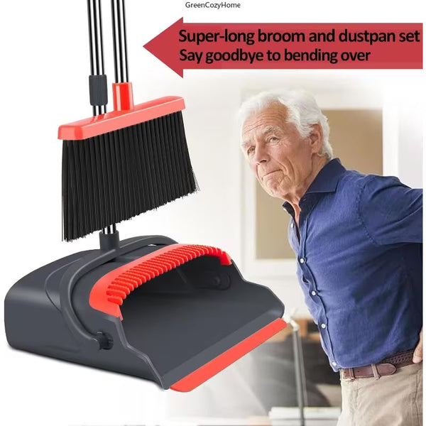 Self-Cleaning Broom and Dustpan Set – Upright Floor Sweeping Kit with Dustpan Teeth for Indoor & Outdoor Cleaning