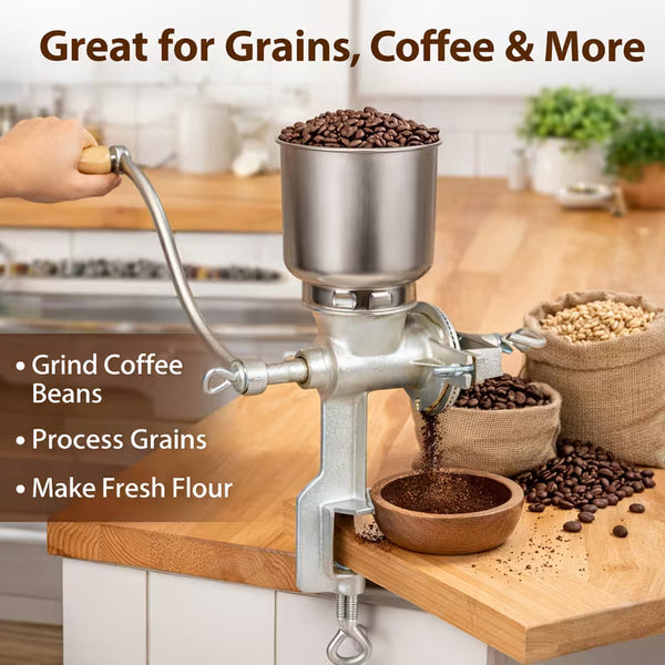 Heavy-Duty Manual Grain Grinder with High Hopper & Table Clamp – Hand Crank Food Mill for Corn, Wheat, Nuts & Flour