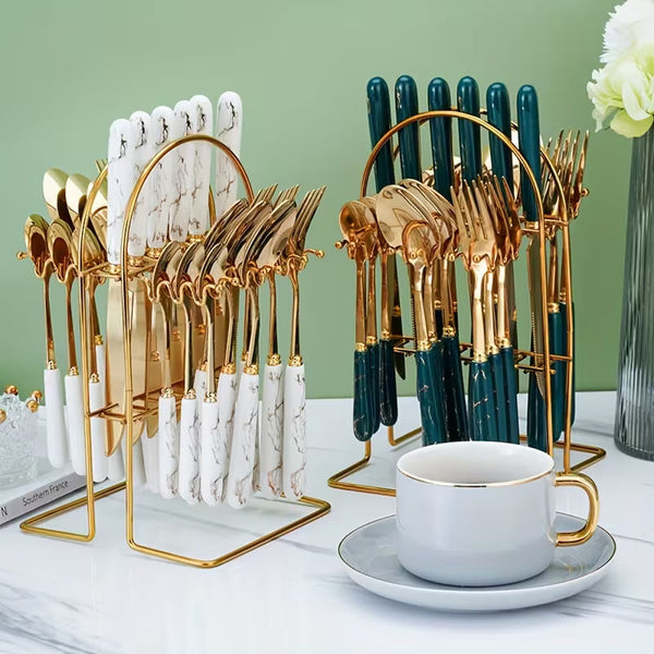 24-Piece Stainless Steel Tableware Set with Short Ceramic Handles – Elegant Dinner Knives & Dessert Spoons for Home, Restaurant & Hotel