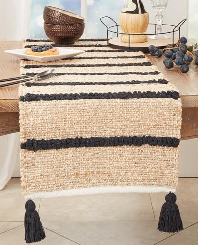 Fennco Styles Cotton Jute Woven Striped Tassel Table Runner 16" W x 72" L - Black Rustic Table Cover for Home Décor, Dining Table, Banquets, Family Gathering and Special Events