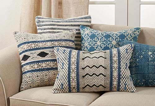 Fennco Styles Boho Rug Design Cotton Decorative Throw Pillow 20-Inch Square - Blue Geometric Cushion for Home, Couch, Living Room, Office and Bedroom Decor