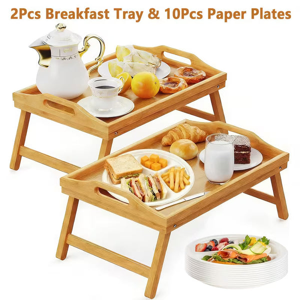 2-Pack Bamboo Breakfast Bed Trays with Folding Legs & Handles – Extra-Wide Portable Serving Tables for Eating, Working & Drawing
