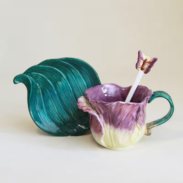 Hand-Painted 3D Tulip Ceramic Tea Cup & Saucer Set – 5 oz Floral Coffee Cup with Leaf Saucer & Spoon