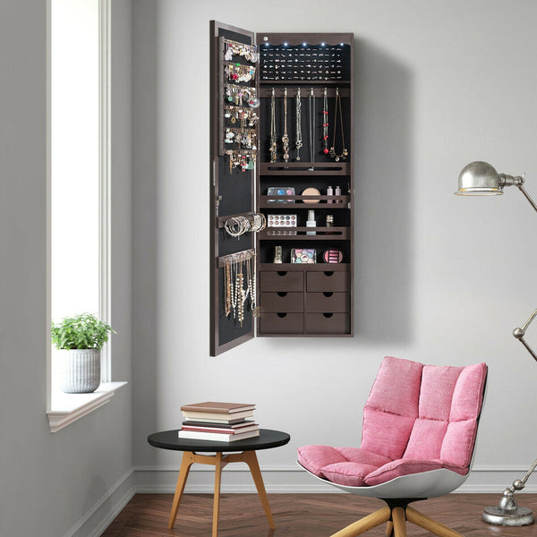 5 LEDs Lockable Mirror Jewelry Cabinet Armoire with 6 Drawers-Brown