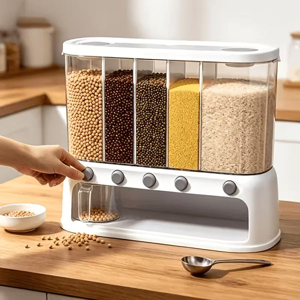 5-Compartment Airtight Grain Storage Container – 3.17 Gallon Rice Dispenser for Kitchen & Pantry Organization