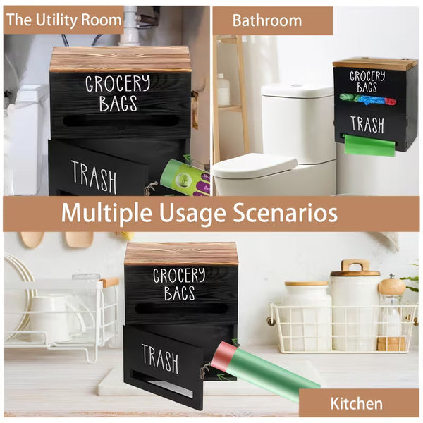 2-in-1 Wooden Garbage Bag Dispenser & Organizer – Wall-Mounted or Cabinet-Hanging Trash Bag Storage for Kitchen & Bathroom