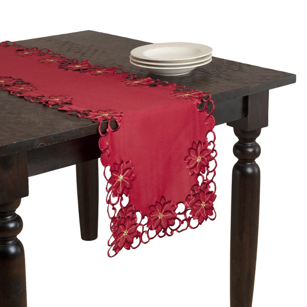 Fennco Styles Holiday Embroidered and Cutwork Poinsettia Table Runner 16" W x 72" L - Red Table Cover for Christmas Décor, Dining Table, Banquets, Special Occasion