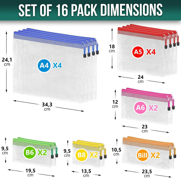 16 Pack Assorted Sizes Plastic Mesh Zipper Pouches for Storage Organize Board Games Puzzles Documents Bills School and Office Supplies Travel Makeup Multisize Mesh Zipper Pouch