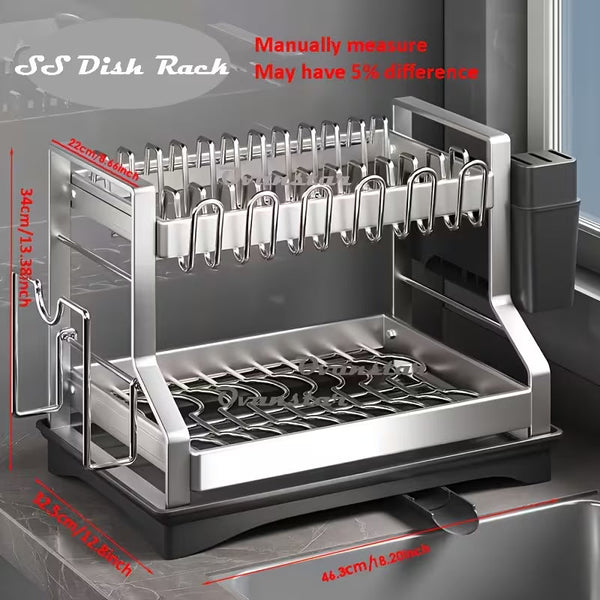2-Tier Stainless Steel Dish Drying Rack – Rust-Resistant Kitchen Organizer with Automatic Drainage