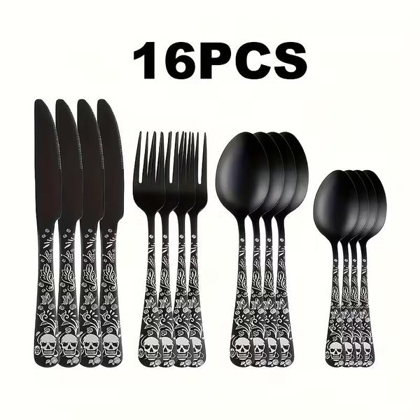 Gothic Skull & Rose Stainless Steel Flatware Set – 16/24-Piece Cutlery Service for 4 or 6