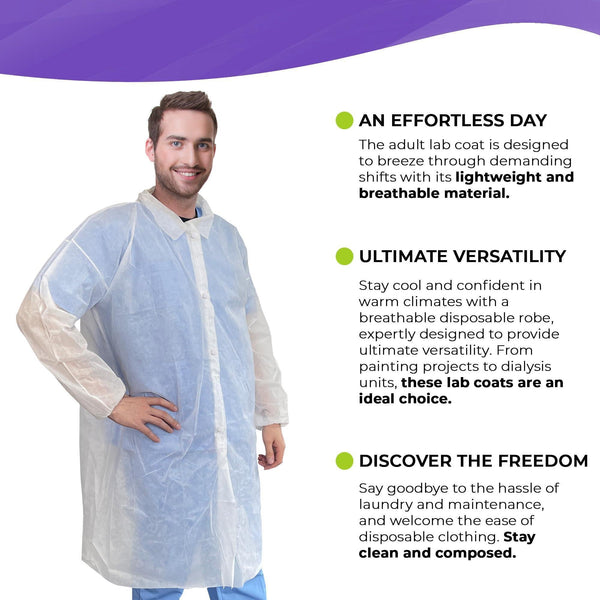 Disposable Lab Coat SMS 40 GSM White Lab Lacket with Loop Fastener XL Size