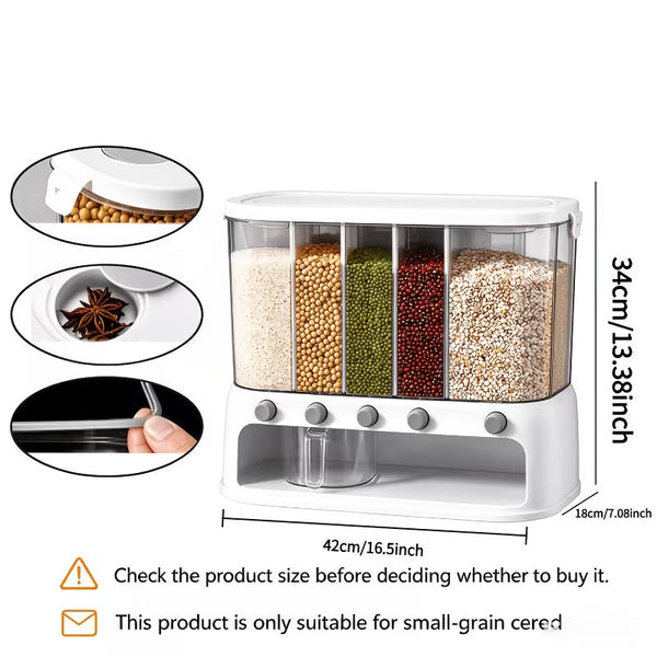 5-Compartment Airtight Grain Storage Container – 3.17 Gallon Rice Dispenser for Kitchen & Pantry Organization