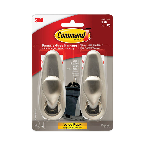 Command Adhesive Mount Metal Hook, Large, Brushed Nickel Finish, 2 Hooks and 4 Strips/Pack