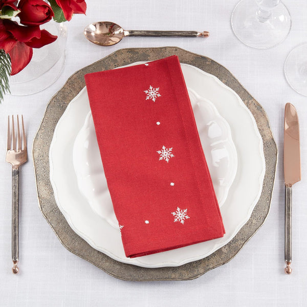 Fennco Styles White Embroidered Snowflake Christmas Table Runner 16" W x 72" L - Red Cotton Table Cover for Winter Holidays, Home Décor and Family Gatherings