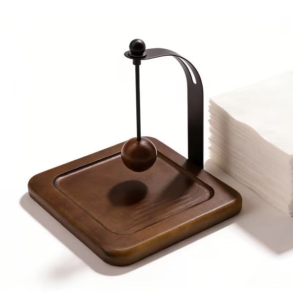 Modern Metal Napkin Holder with Wooden Base – Elegant Black Tabletop Napkin Organizer with Decorative Spherical Knob
