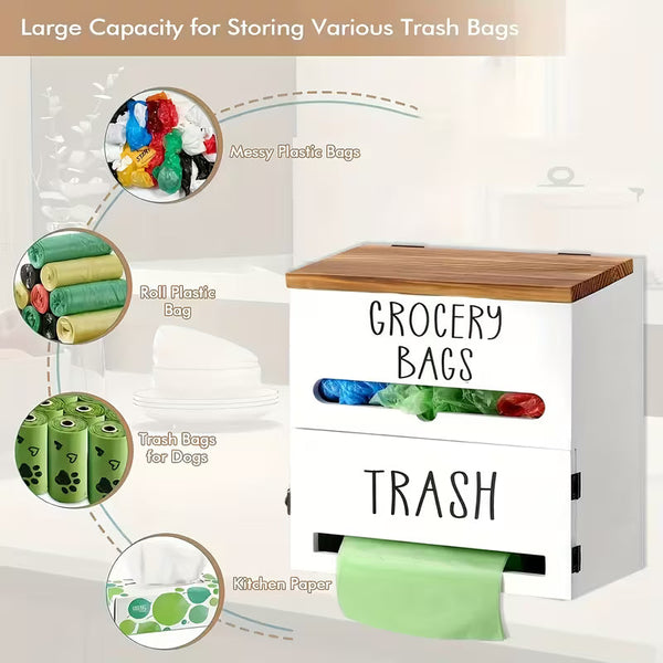 2-in-1 Wooden Garbage Bag Dispenser & Organizer – Wall-Mounted or Cabinet-Hanging Trash Bag Storage for Kitchen & Bathroom