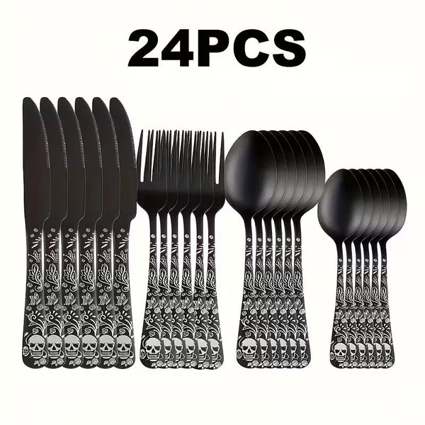Gothic Skull & Rose Stainless Steel Flatware Set – 16/24-Piece Cutlery Service for 4 or 6
