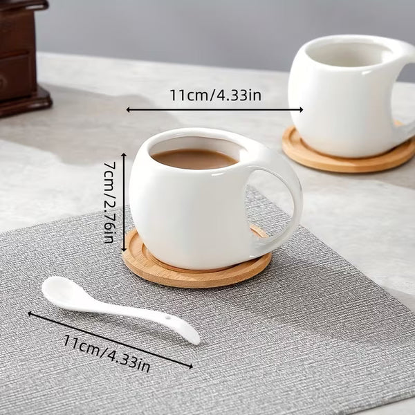 6-Piece Ceramic Coffee Cup Set with Wooden Coasters & Stand – 200ML Espresso, Latte & Cappuccino Mugs