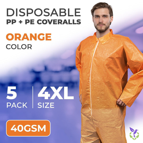 Orange Disposable Coveralls for Men Women 4X Large Pack of 5 Hazmat Suits Disposable Breathable PP PE 40 GSM Painters Coveralls Paint Suit with Open Wrists Ankles Front Zipper