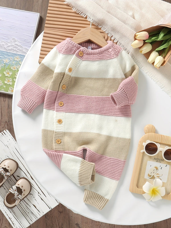 Infant Striped Knit Romper – Long Sleeve Fall/Winter Baby Jumpsuit, Buttoned Shoulder (Cozy One-Piece, Casual Style)