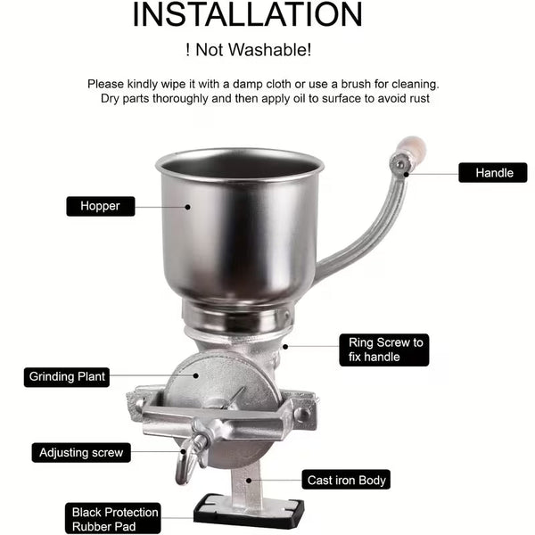 Heavy-Duty Manual Grain Grinder with High Hopper & Table Clamp – Hand Crank Food Mill for Corn, Wheat, Nuts & Flour
