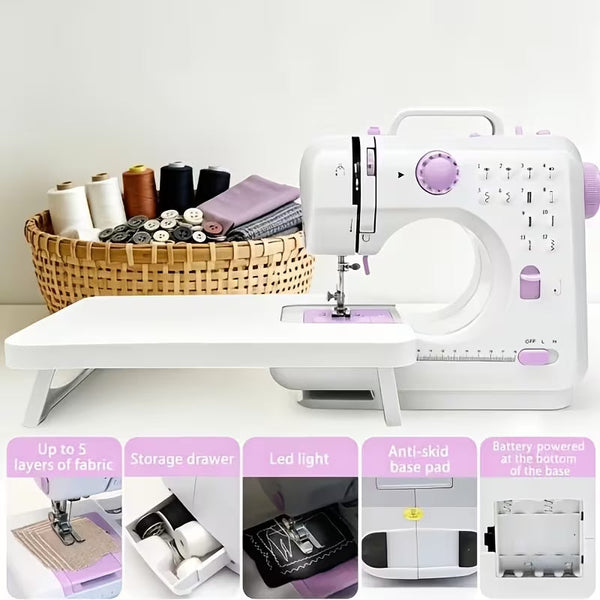 Portable Mini Electric Sewing Machine with Extension Table, Multiple Stitch Options & LED Light for Beginners and Small Sewing Projects