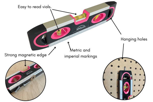PINK 9-inch torpedo-shaped spirit level for 180/90/45 degrees leveling-- DT5019P