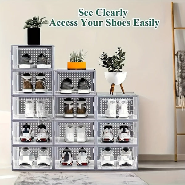 6/12/24PCS Clear Shoe Storage Boxes Stackable Foldable Sneaker Organizer Bin