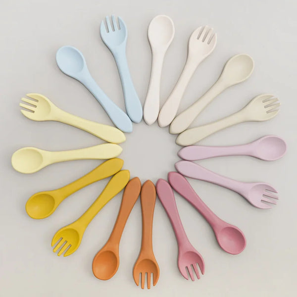 BPA-Free Soft Silicone Baby Spoon Set - Auxiliary Food Utensils for Toddler, Bendable Fork & Training Spoon, Children’s Tableware