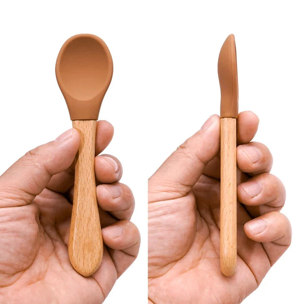 Feeding Wooden Handle Silicone Spoon for Baby – Training Utensils for Solid Foods – Kids' Manipulative Ability Development – Safe and Durable Children's Tableware
