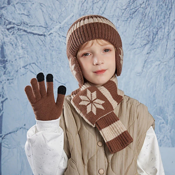 3-Piece Kids’ Winter Set – Plush Lining Hat, Scarf & Gloves with Earflaps, Knitted Beanie & Neck Warmer for Children (Ages 4-10)