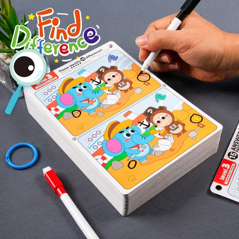 Find the Difference Game – Concentration Training Set with 10 Sheets, Reusable Reverse Answer, Interactive Observation Skills Development Educational Toy