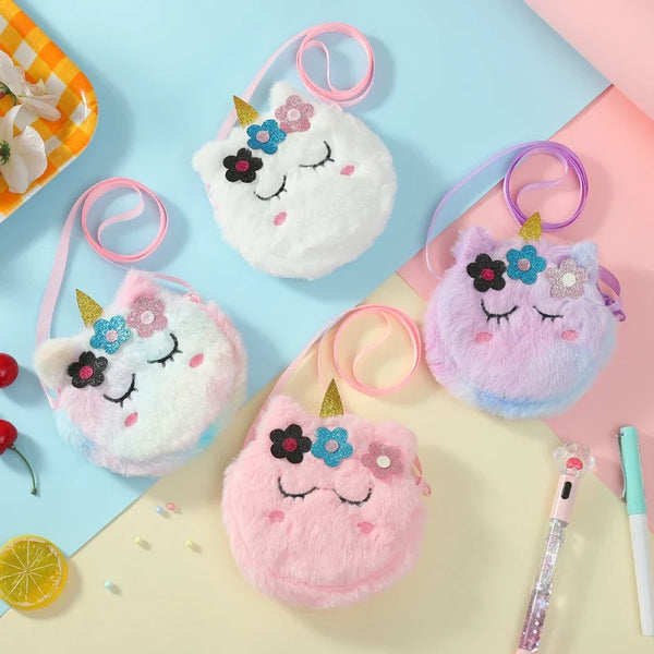 Children’s Cross-Body Bag Plush Unicorn Cartoon Coin Purse Cute Girl Flower Shoulder Bag Portable
