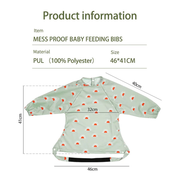 HappyFlute Baby Feeding Bibs | Waterproof Polyester One-Piece Long Sleeve with Snap Button Design | Mess-Proof for Table Use