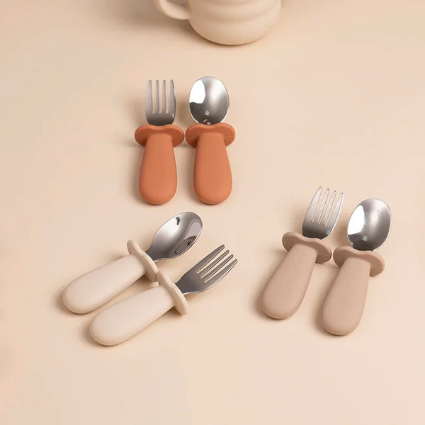 2PCS Baby Tableware Set – Stainless Steel Food Feeding Spoon & Fork, Silicone Handle Utensils for Infants & Toddlers, BPA-Free Cutlery Set