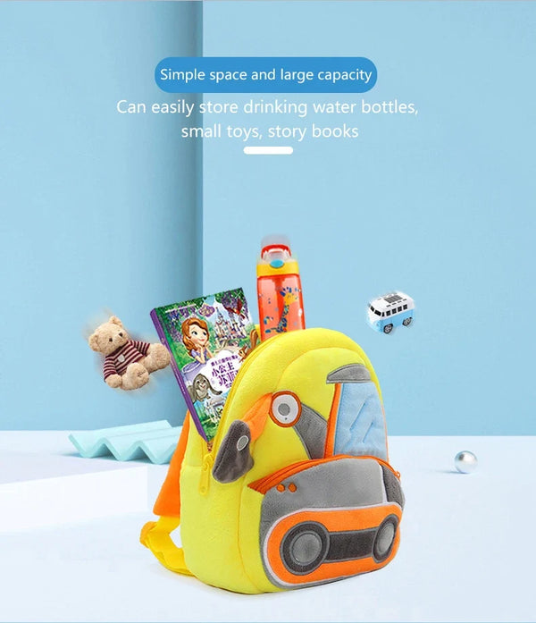 Cartoon Excavator Engineering Backpack for Kids – Plush 2-4 Years Old Small School Bag & Toy Backpack